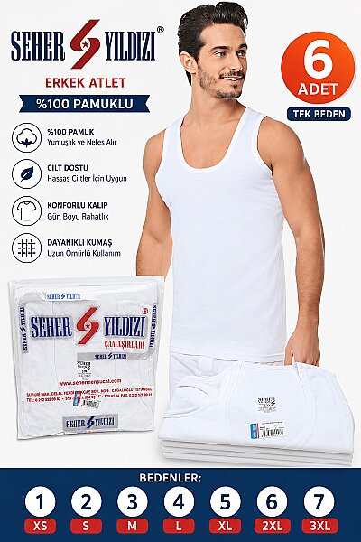 0001 Seher Erkek Penye Atlet 6'lı Paket Beyaz (1)