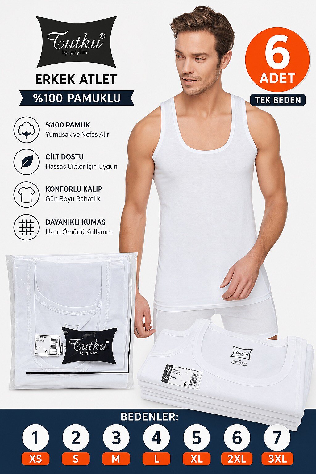0101 Tutku Erkek Penye Atlet 6'lı Paket Beyaz - 4