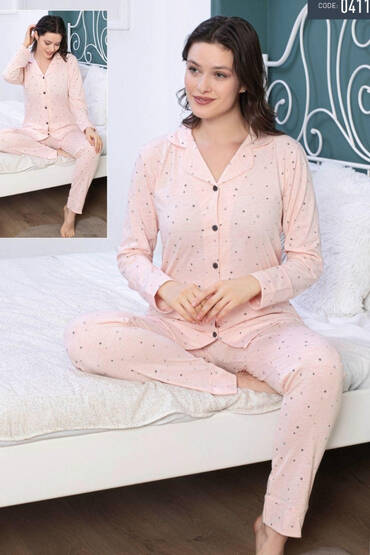 0411 Life Favori Kadın Penye Düğmeli Pijama Takımı Pembe