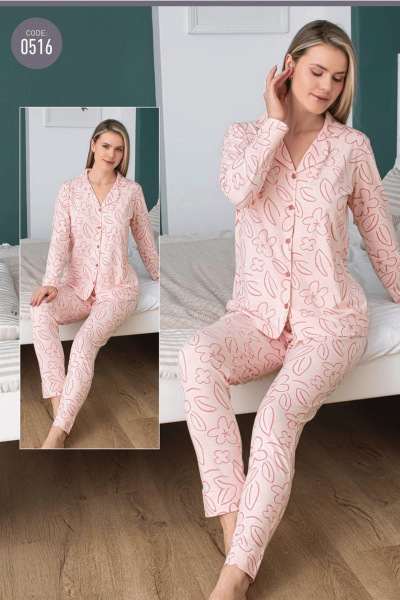 0516 Kadın Penye Puanlı Düğmeli Pijama Takımı Pembe Pembe