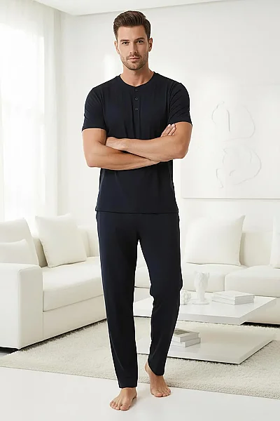 15333 Jiber Erkek Patlı Kısa Kol Pijama Takım Siyah Siyah
