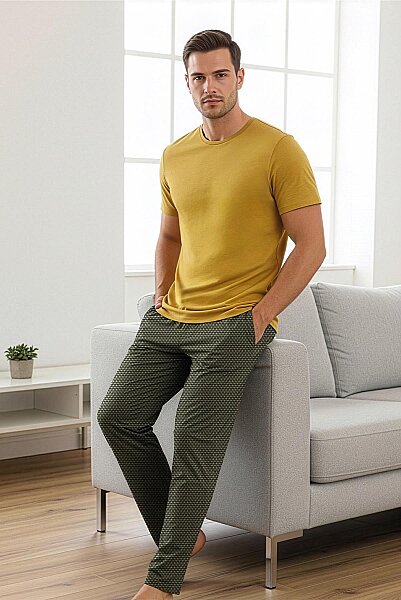 15339 Jiber Erkek Sıfıryaka Kısa Kol Pijama Takım Hardal