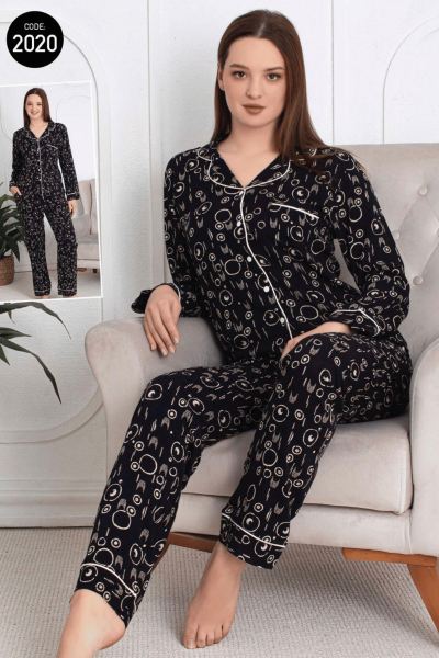 2020 Kadın Belmando Desenli Düğmeli Pijama Takımı Siyah