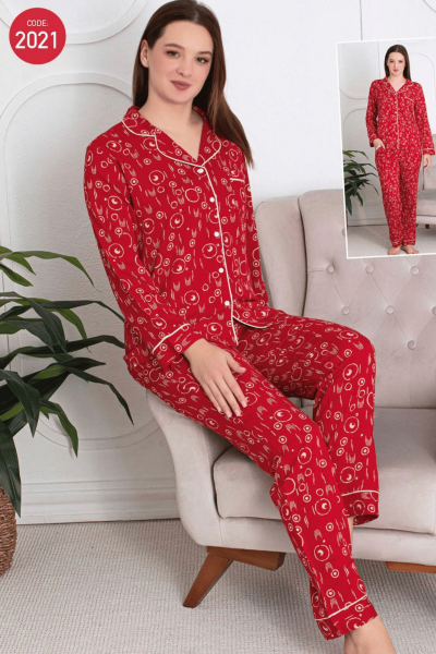 2021 Kadın Belmando Desenli Düğmeli Pijama Takımı Kırmızı Kırmızı