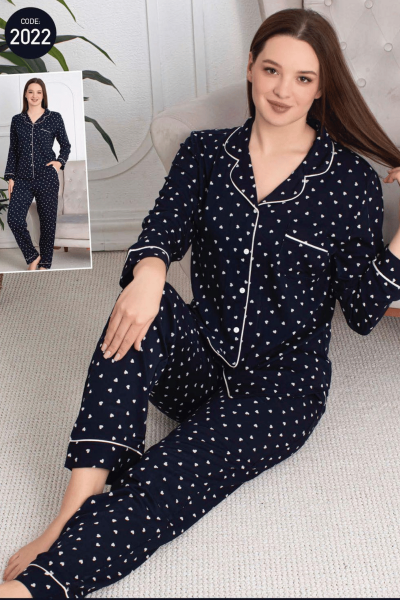 2022 Kadın Belmando Desenli Düğmeli Pijama Takımı Lacivert Lacivert