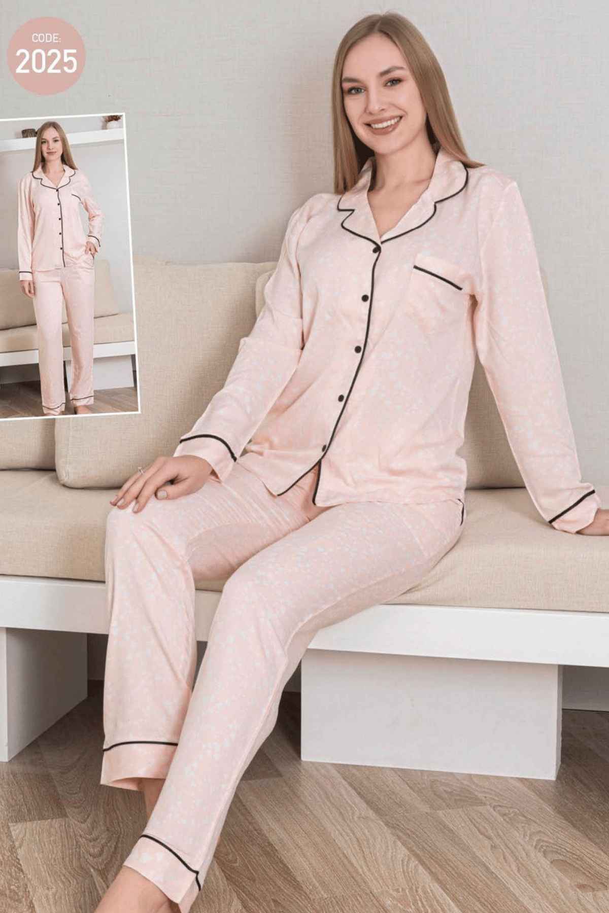 2025 Kadın Belmando Desenli Düğmeli Pijama Takımı Pembe - 1