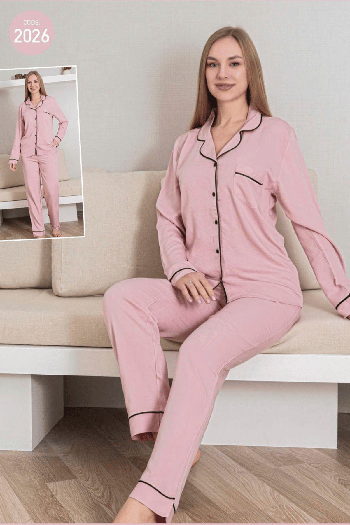 2026 Kadın Belmando Düz Düğmeli Pijama Takımı Pembe - 1
