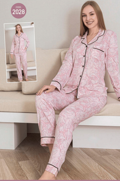 2028 Kadın Belmando Desenli Düğmeli Pijama Takımı Pembe Pembe