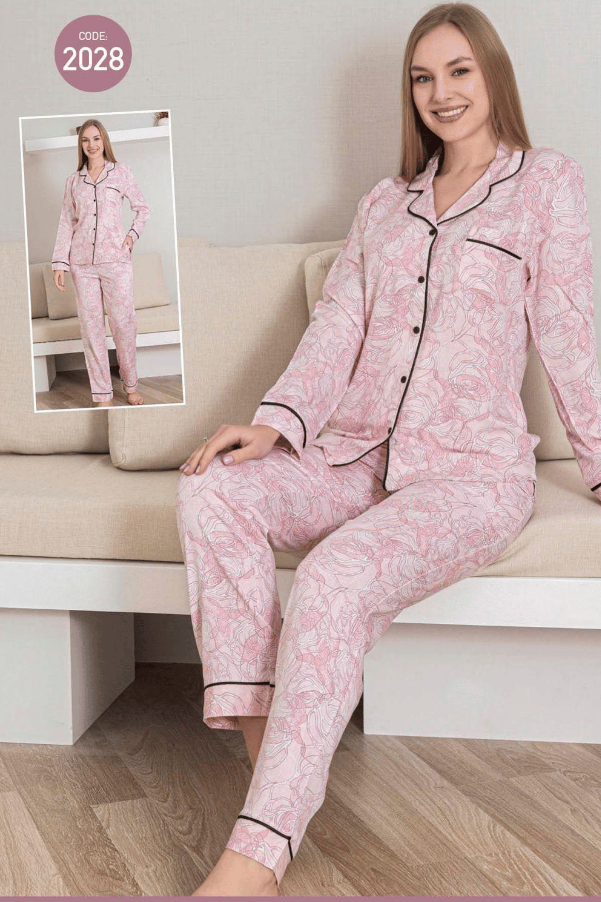 2028 Kadın Belmando Desenli Düğmeli Pijama Takımı Pembe - 1