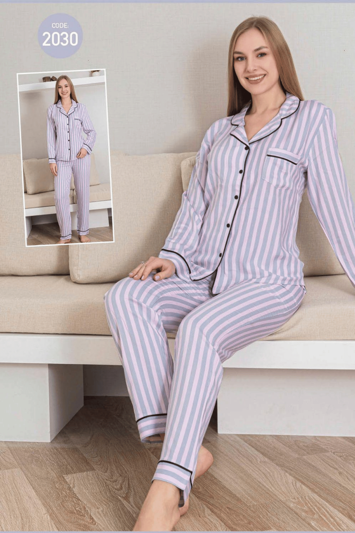 2030 Kadın Belmando Çizgili Düğmeli Pijama Takımı Pembe - 1