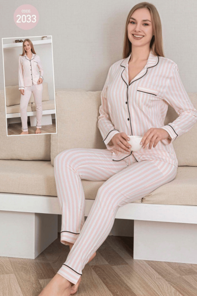 2033 Kadın Belmando Çizgili Düğmeli Pijama Takımı Pembe Pembe