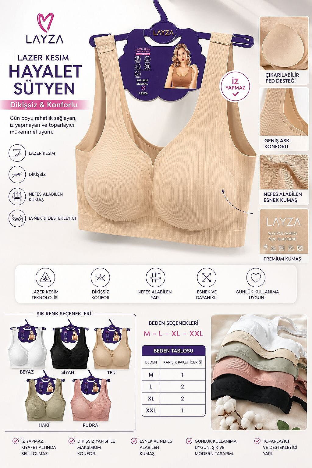 8210 Layza Lazer Kesim Hayalet Sütyen 6'lı - 1