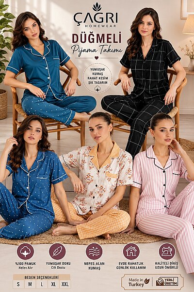 Çağrı Kadın Düğmeli Pijama Takımı 4'lü