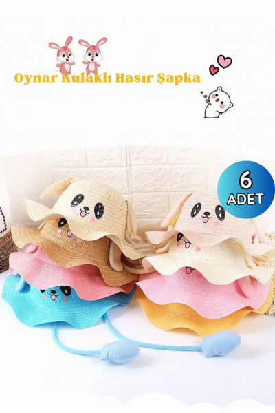 Kız Çocuk Oynar Kulaklı Hasır Şapka 6'lı Paket