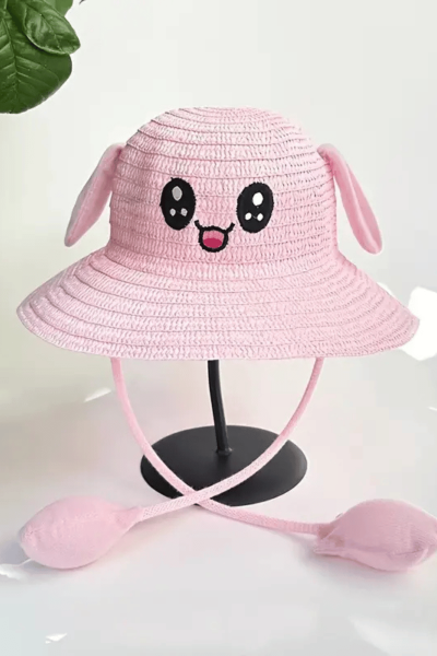 Kız Çocuk Oynar Kulaklı Hasır Şapka Pembe
