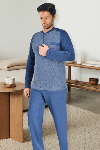 Melika Erkek Jakarlı Lüks Pijama Takımı İndigo